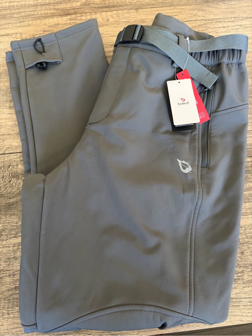 Baleaf Men’s Gray Cargo Performance Pants with Built-In Belt and zipper pockets
